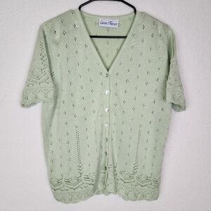 VINTAGE COTTON FOREVER Pastel Green Button Up Pointelle Sweater M